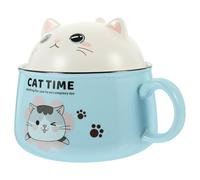 TOYANDONA Bol de Ramen Chat en Céramique 1020ml avec Couvercle | Ensemble Bleu, Cuillère et Baguettes en Acier Inoxydable, Forme Chat, pour Soupe Instantanée