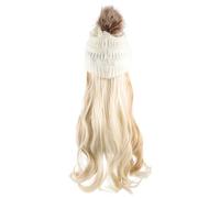 TOYANDONA Bonnet Tricoté Blanc avec Postiche Ondulée Longue Dorée Chapeau avec Postiche Amovible Extensions de Cheveux Naturelles Bonnet Chaud Femme Hiver Accessoire Coiffure Polyvalent