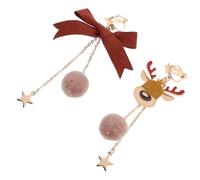 TOYANDONA Boucles d'Oreilles Pendantes de Noël pour Femmes Boucles d'Oreilles Longues en Alliage Pendentif Cerf Design Asymétrique Étoile et Noeud 1 Paire sans Trou d'Oreille Bijoux
