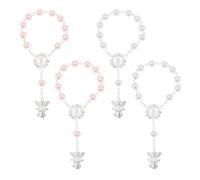 TOYANDONA Bracelet Chapelet Bébé Lot de 4 en Acrylique Blanc et Rose Clair avec Pendentif Ange pour Décorations de Baptême et Faveurs de Shower, Présent Naissance Doux Peau
