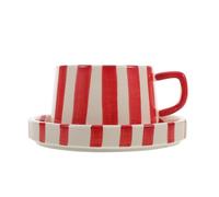 TOYANDONA Céramique Tasse à Café à Rayures Rouge, Soucoupe | Style Chic et Élégant, Usage Quotidien au Bureau, Service Facile, pour Cappuccino et Pause Thé