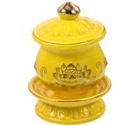 TOYANDONA Coupe D'offrande en Céramique Jaune Petite Taille, Tasse D'approvisionnement en Eau Bouddhiste Décor de Fleur de Lotus en Relief, Bol Rituel Multifonction pour Contemplation