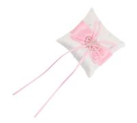TOYANDONA Coussin D'alliances pour Cérémonie de Mariage 9x9 Cm en Tissu Rose Cœur Double et Nœud Décoratif, Petit Porte-alliances Rustique pour Porteurs D'alliances et Célébrations