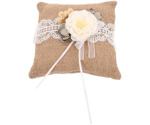 TOYANDONA Coussin Usage Polyvalent en Lin avec Fleur en Dentelle Porte-alliances Forme Unique pour Photos de Mariage et Cérémonies Rustiques Vintage