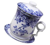 TOYANDONA Ensemble 4 Pièces Tasse à Thé en Céramique Bleue Blanche avec Infuseur et Couvercle Service à Thé Vintage Chinois pour Maison Rétro Anti-glisse pour Dégustation et Infusion