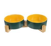 TOYANDONA Gamelle Double en Céramique Bicolore avec Support en Bois, Bol Surélevé pour Chat, Bol Alimentaire Petit Modèle, pour Alimentation Et Eau, Accessoire pour Animaux Domestiques