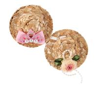 TOYANDONA Lot de 2 Chapeaux Miniatures en Paille Tressée pour Animaux de Compagnie Chapeaux pour Poules et Perroquets Couronne Noeud Rose et Perles Accessoires Cosplay et Protection