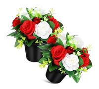TOYANDONA Lot de 2 fleurs artificielles en pot pour cimetière, composition extérieure résistante aux intempéries, petit arrangement décoratif blanc et rouge idéal pour tombeaux et monuments funéraires