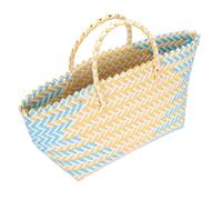 TOYANDONA Panier à Provisions Tressé Plastique Grand Format Rayé Bleu Clair et Jaune Cabas Femme à Poignées Rigides Panier de Rangement Portable pour Courses et Usage Quotidien
