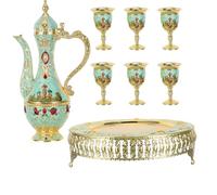 TOYANDONA Service à Café Turc Vintage en Métal Gaufré Bleu avec Plateau Haut Pichet à Thé et Verres à Vin - Ensemble 1 Pièce pour Fêtes Thé de L’Après-Midi et Présentation Élégante