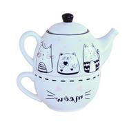 TOYANDONA Service à Thé en Céramique Blanc Motif Chat Noir et Blanc Théière et Tasse Assorties Base Épaisse Stable Thé Quotidien Décoration Intérieure Set Amusant et Polyvalent