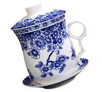 TOYANDONA Service à Thé en Porcelaine 4 Pièces avec Infuseur et Couvercle Motif Qinghua Traditionnel Chinois Tasse à Thé Délicate et Soucoupe pour Maison et Infusion