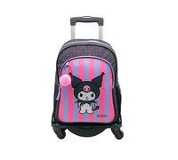 TOYBAGS Sac à Dos Scolaire Kuromi - Double Compartiment - avec Accessoire Pom-Pom - Adaptable + Chariot Noir Protection latérale et Stopper Avant Anti-Chute 4 Roues pivotantes - 44 x 30 x 20 cm