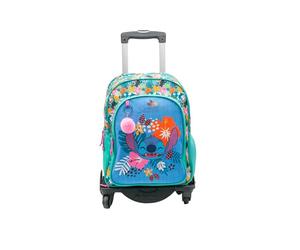 ToyBags Sac à Dos Scolaire Stitch Tropical - Double Compartiment - avec Accessoire Pom-Pom - Adaptable + Chariot Noir Protection latérale et Stopper Avant Anti-Chute 4 Roues pivotantes - 44 x 30 x 20