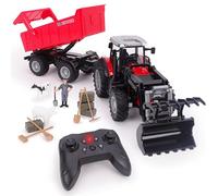 Toyland® 1:24 Tracteur Rouge télécommandé avec Chargeur Frontal, remorque basculante motorisée et Accessoires - de Jeu avec lumières Chargement USB - Batterie Rechargeable Incluse - Véhicule de Ferme
