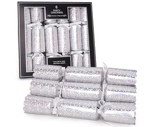 Toyland® 6 Crackers de Noël holographiques argentés de Luxe - Emballage Recyclable - Chapeaux, devises, Boutons-Pression et Cadeau Fantaisie Inclus -Catégorie F1