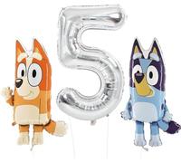 Toyland® Bluey & Bingo Folienballon-Set - 2 x 32-Zoll-Charakterballons und 1 x 40-Zoll-Zahlenballon - Partydekorationen für Kinder