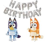 Toyland Bluey & Bingo Lot de 2 ballons avec personnages de 80 cm et 1 bannière argentée « Happy Birthday » de 40,6 cm - Décorations de fête pour enfants
