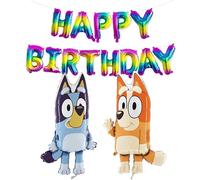 Toyland Bluey & Bingo Lot de 2 ballons en aluminium avec personnages de 80 cm et 1 bannière Happy Birthday arc-en-ciel de 40,6 cm - Décorations de fête pour enfants