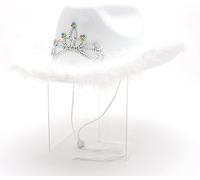 Toyland® Chapeau de cowboy blanc 38 cm (15") avec lumières LED clignotantes et bordure en plumes - Festivals, concerts, déguisements et accessoires pour enterrement de vie de jeune fille