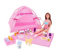 Toyland® Coffret de Jeu pour poupées Let's Go Camping - 1 poupée, 1 Tente, 1 Chien et 20 Accessoires Inclus - Jouets pour Filles.
