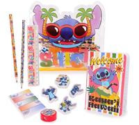 Toyland® Disney Stitch Trousse - Contient : Cahier, 2 Crayons, 4 gommes en Forme de Stitch, Taille-Crayon, règle et 125 Post-it - Kit de Fournitures Scolaires - Fournitures de Dessin/Voyage