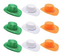 Toyland® Lot de 9 chapeaux de cowboy pailletés - 3 verts, 3 blancs et 3 oranges - Taille 34 cm - Idéal pour l'Euro, la Coupe du monde et les Jeux olympiques