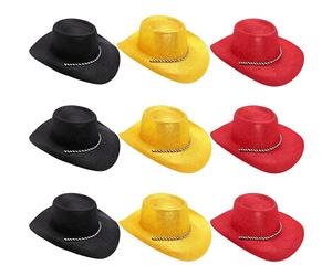 Toyland® Pack de 9 chapeaux de cowboy à paillettes sur le thème des couleurs du pays Belgique - 3 noirs, 3 dorés et 3 rouges - Taille 34 cm (13") - Parfaits pour les euros et la coupe du monde