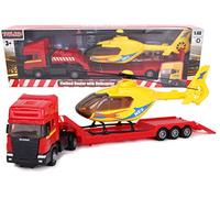 Toyland® - Transporteur à Plat Scania avec hélicoptère - Échelle 1:48 - Roue Libre - Jouets pour véhicules de Transport- Jouets pour garçons (Camion Rouge/hélicoptère Jaune).