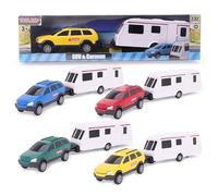 Toyland® Voiture avec Caravane Amovible - 1:32 SUV et remorque à Roues Libres à l'échelle, Jouet de Collection pour Enfants - 1 Choisi au Hasard - 4 Couleurs Disponibles - À partir de 3 Ans