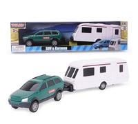 Toyland® Voiture Verte avec Caravane détachable - 1:32 Échelle - SUV et remorque à Roues Libres, Jouet de Collection pour Enfants - À partir de 3 Ans