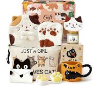 Toylink Cadeau d'Anniversaire pour Filles Amoureux des Chats avec Tasse Chat Dessous de Verre Trousse de Maquillage Bougie Parfumée Porte-Clés Idee Cadeau Femme Anniversaire