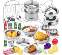 Toylink Dinette Enfant, Kit Cuisine Enfant avec Acier Inoxydable Casseroles Bouilloire Ustensiles de Cuisine & Aliments Jouets, Chef Jeu de Rôle Cadeau Garçon Fille Anniversaire Noël