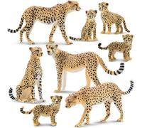 TOYMANY Lot de 8 figurines d'animaux guépard avec bébé guépard, figurines d'animaux réalistes de la jungle en famille, jouet de zoo sauvage, décoration pour gâteau, cadeau d'anniversaire ou de Noël