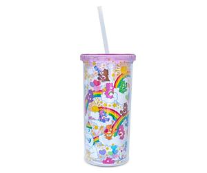 Toynk Care Bears Gobelet de voyage en plastique avec couvercle et paille réutilisable - Capacité : 591 ml - Motif étoiles arc-en-ciel