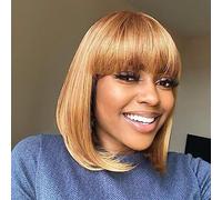 ToyoTress Perruques blondes mélangées marron avec frange - 25,4 cm coupe émoussée Yaki droite pour costume quotidien pour femme noire, perruques de cheveux synthétiques courts résistants à la chaleur