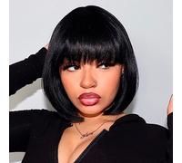 ToyoTress Perruques noires avec frange - Cheveux raides Yaki de 25,4 cm pour femme noire, perruque de rechange en cheveux synthétiques courts et doux, résistants à la chaleur (25,4 cm, 1B-613H)
