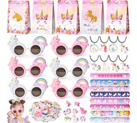 Toyssa Licorne Petit Cadeau Anniversaire Enfants Invites avec Lunettes de Soleil Licorne Colliers Sacs de Fête Anneaux Bracelets à Pression Autocollants Pinata Anniversaire Fille