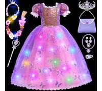 Toyssa Lumineux Robe Raiponce, Set Deguisement Princesse Fille avec Perruque Raiponce Sac à Main Couronne Princesse Baguette, Costume Princesse Fille Enfant 3 4 5 6 7 8 Ans Halloween Carnaval Cosplay