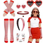 TOYTOPIE Costume de Carnaval Femme 7 Pièces Rouge Blanc - Set avec Serre-tête, Gants, Bas, Lunettes Cœur, Boucles d’Oreilles et Collier Cœur pour Carnaval, Fête, Soirée Déguisée et Party à Thème