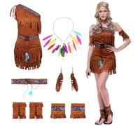 TOYTOPIE Deguisement Indienne Femme, Costume d'Indien pour Carnaval, Robe avec Bandeau à Plumes, Ceinture et Manchettes, Des Protèges Chaussures à Franges, pour Carnaval, Fête à Thème (M) (L)