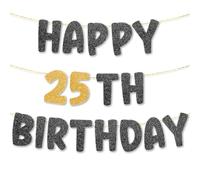 TOYVENTURES Bannière pré-enfilée pour 25e anniversaire - Pas de bricolage - Décorations de 25e anniversaire dorées à paillettes pour homme et femme - Bannière de fête - Panneau de décoration de fête