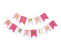 TOYVENTURES Bannière rose « Happy Birthday » avec lettres dorées scintillantes, bannière pour décorations de fête, drapeau à queue d'hirondelle « Happy Birthday » pour enfants et filles