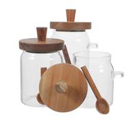 Toyvian 3 Pièces Bocaux en Verre avec Couvercle en Bois et Cuillère pour Lessive Capacités 400ml, 600ml, 900ml, Protection L'humidité pour Organisation Buanderie