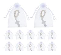 Toyvian 40 Ensembles de Bracelets Chapelets en Perles de Bois avec Breloques Croix Catholique et Paquet en Filet pour Décorations de Cérémonie de Baptême, Faveurs de Baptême Réutilisables