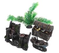 Toyvian 4pièces Décoration Aquarium Château Ancien Coffre Trésor Plantes Artificielles Refuge Poissons Crevettes