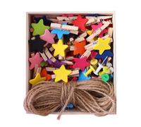 Toyvian Boîte de 57 Mini Pinces à Photos en Bois D’Étoile, Couleurs Assorties, Corde de 10 M et 6 Clous sans Trace, Accessoires Muraux Décoratifs pour Photos et Mémos