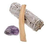 Toyvian Kit de Purification avec Bâton de Bois Sacré et Sauge Blanche pour Encens Naturel avec Cristal Violet Parfum Ambiance Relaxant pour Yoga et Nettoyage Énergétique