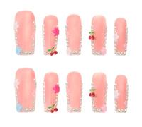 Toyvian Lot de 10 Faux Ongles en Plastique Taille M à Coller, Décoration Nail Art Strass Cerises et Fleurs Pressées, Couverture Complète, Manucure Maison pour Femmes et Filles