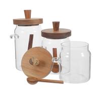 Toyvian Lot de 3 Bocaux en Verre Transparents avec Couvercle en Bois et Cuillère Doseuse, Conteneurs Hermétiques pour Lessive en Poudre, 400 Ml 600 Ml 900 Ml, Rangement Pratique